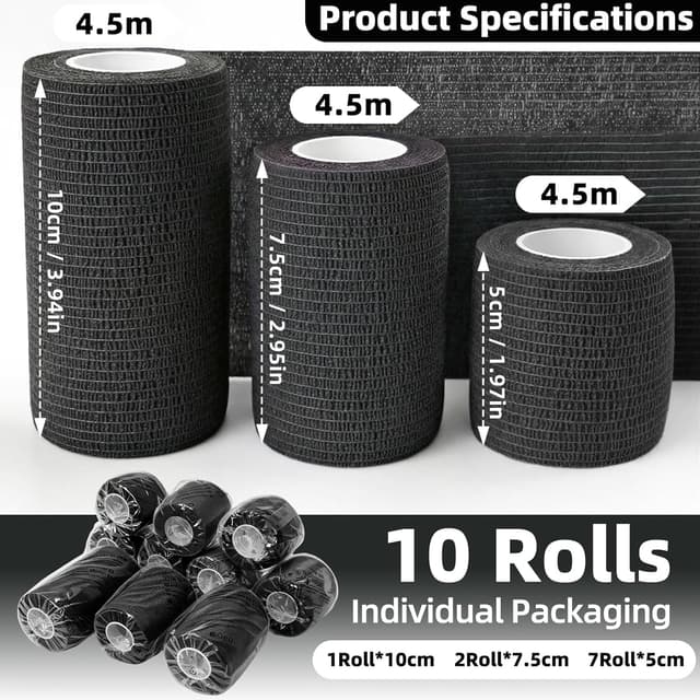 Detalle 2 de HONYAO Self Adhesive Bandage (10 rolls) – Pet vet wrap and cohesive bandage for sports sprains, in 3 sizes