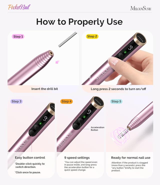 Detalle de MelodySusie kabelloser Nagelfräser PC100GR mit LED-Display (bis 20.000 U/min) – Maniküre & Pediküre Set in Roségold