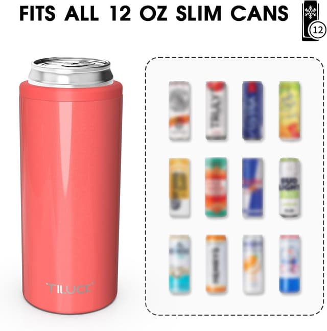 Detalle de TILUCK Skinny Can Cooler (Stainless Steel) for Slim 12 oz Cans, Double-Walled Insulated Sleeve — Glitter Coral