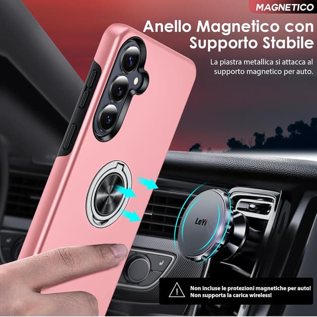Detalle de LeYi Cover per Samsung Galaxy S26 Plus con 2 vetri temperati e anello girevole 360° (TPU+PC) rosa