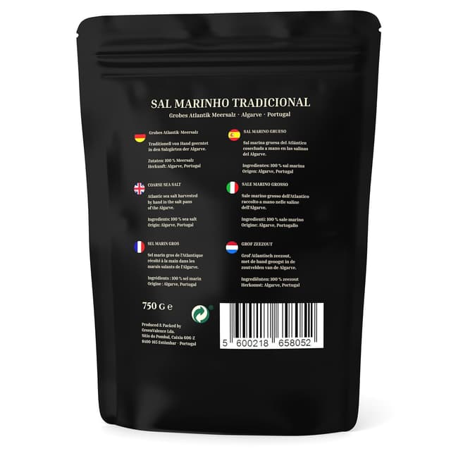 Detalle de GreenValence Sal Marinho Tradicional – 100% naturbelassenes grobes Meersalz aus der Algarve (750 g)