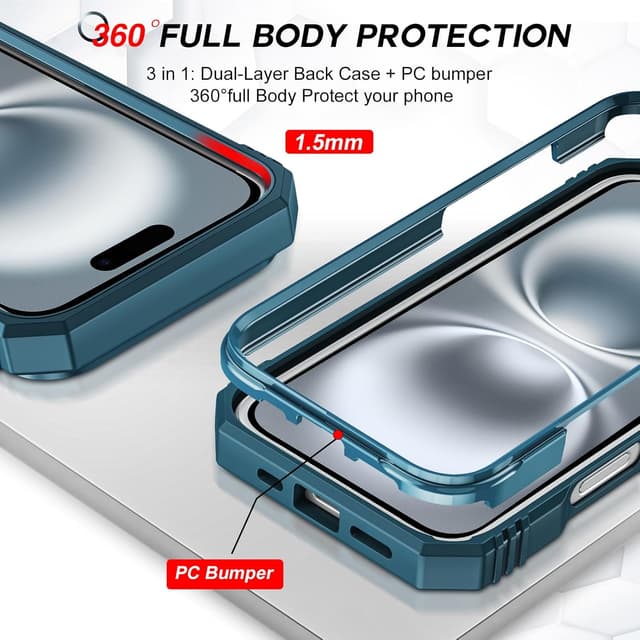 Detalle 2 de LeYi iPhone 16 case with sliding camera cover, ring stand & 2-pack tempered glass (blue) – shockproof protection