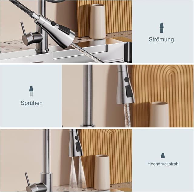 Detalle de WLTEDRGO ausziehbare Küchenarmatur mit Brausekopf, 3 Strahlarten und 360° Schwenkung