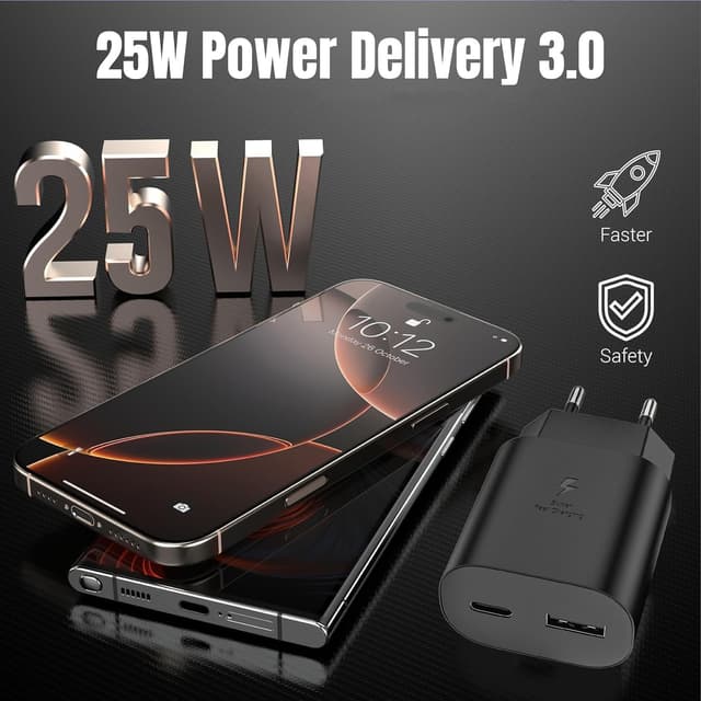 Detalle de Caricabatterie 25W USB-C + 15W USB-A con doppia porta per Samsung Galaxy S25/S24/S23 e altri smartphone USB-C