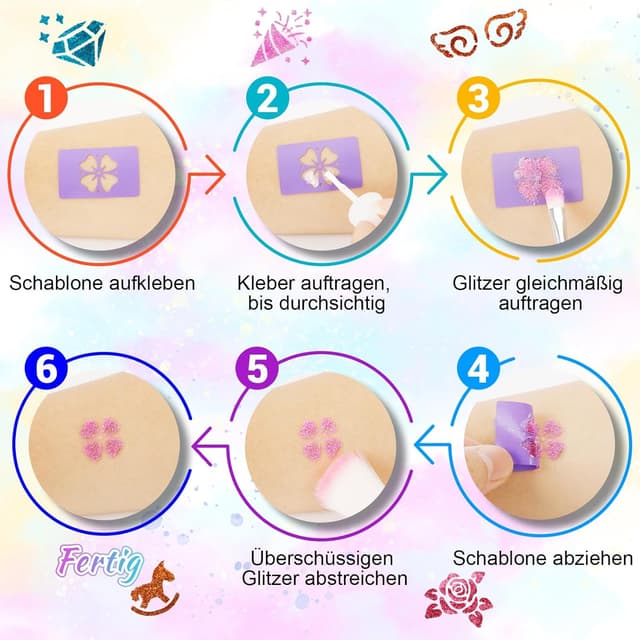 Detalle de Glitzer Tattoo Set Kinder – temporäre Glitzertattoos für Mädchen mit 38 Farben, 139 Schablonen & Zubehör