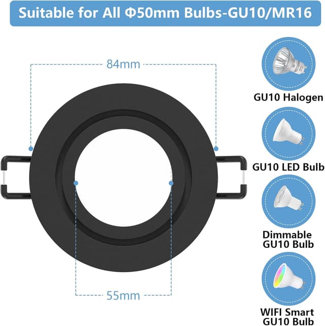 Detalle de Doughelec 10er Einbaustrahler GU10 Rahmen IP44 (Aluminium, schwarz) inkl. GU10 Fassung – rund, flach