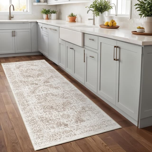 Detalle de EISUROM Hallway 2x5 Runner Rug (Ivory/Beige) — Vintage, Waterproof, Non-Slip Washable Low-Pile