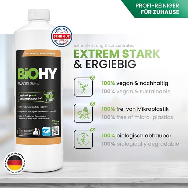 Detalle 2 de BIOHY BiOHY Flüssig Seife (1 l) – parfüm- und farbstofffreie Handseife, pH-neutral