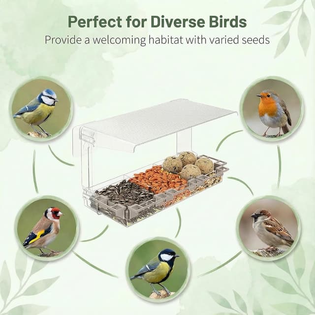 Detalle 2 de Furkoazki Window Bird Feeder with Clear Acrylic Construction (Three Compartments, 5 Perches)