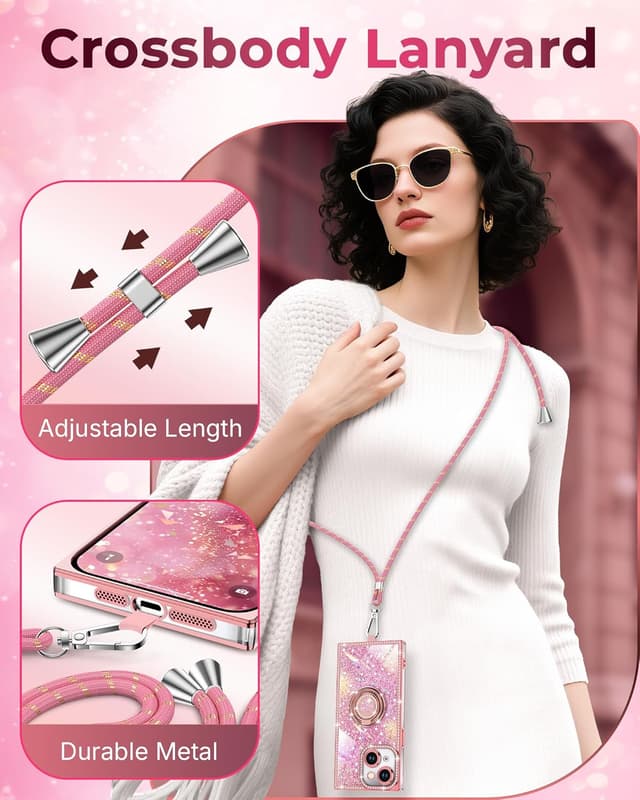 Detalle de XYZ Glitter Bling Case for iPhone 15 (6.1-inch) with 2-Ring Heart Stand & Lanyard, Pink