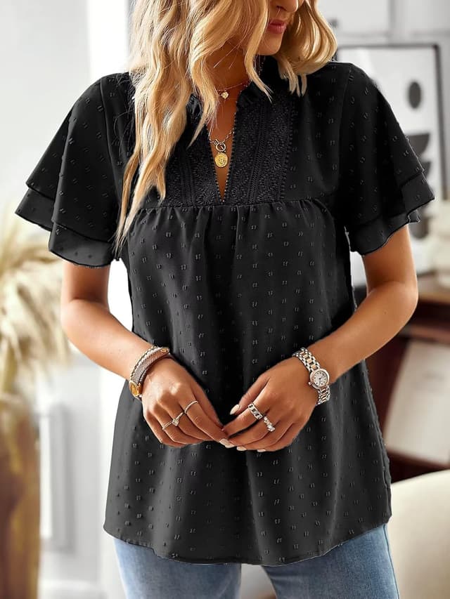 Detalle de TUUHAW chemisiers et blouses femme à manches courtes col en V, finition dentelle au crochet