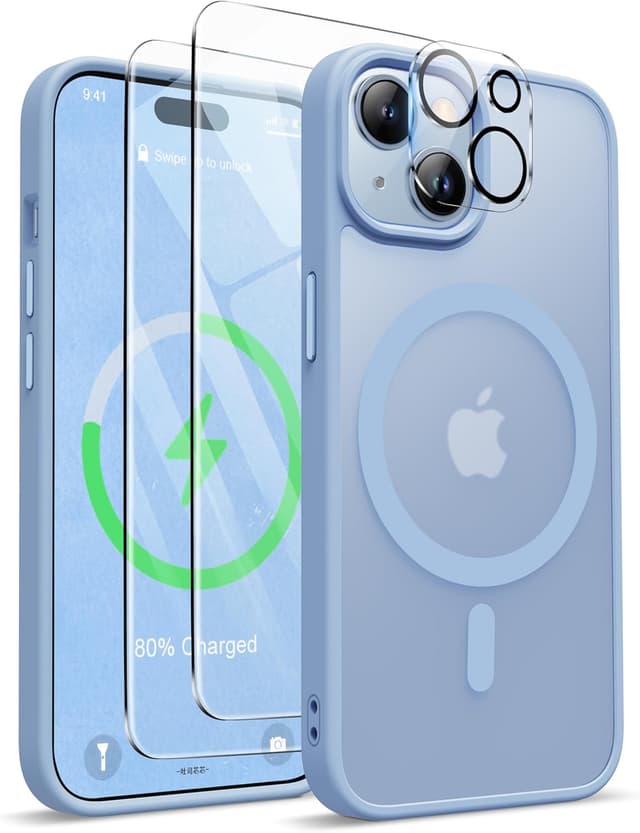 Detalle de ORETECH Magnetische Hülle für iPhone 15 Plus – mit Mag-Safe, stoßfestem Schutz und 2x Display-Schutzglas (Sierra Blau)
