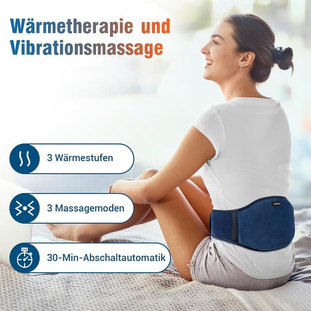 Detalle de Comfytemp Wärmegürtel mit Vibrationsmassage, kabellos (Akku 25 Wh) für Rücken – 18 x 147 cm