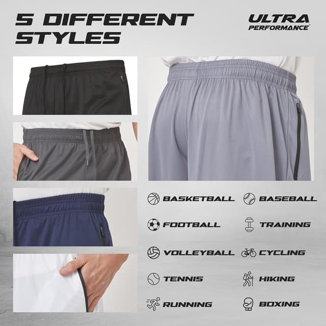 Detalle de Ultra Performance Mens 5 Pack Athletic Running Shorts with Zippered Pockets (Loose Fit, 10" Inseam)