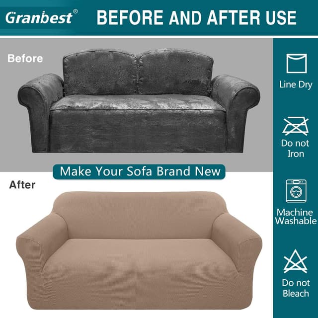 Detalle de Granbest High Stretch 3 Seater Sofa Covers (Sand) – non-slip, super soft jacquard spandex slipcover