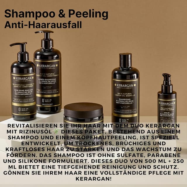 Detalle de KERARGAN Duo Anti-Haarausfall Shampoo & Peeling mit Rizinusöl für trockenes, lebloses Haar (500 ml + 250 ml)