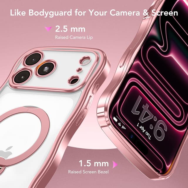 Thumbnail 6 de GolbinBox Magnetic iPhone 17 Pro Max Case with 360° Rotating Stand (MagSafe Compatible) – Pink/Clear