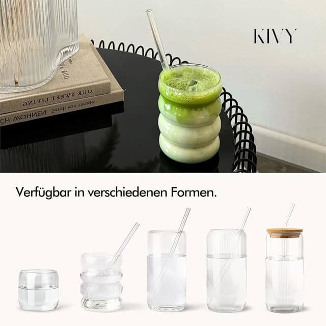 Detalle de KIVY Bubble Trinkgläser-Set (350 ml) mit Glas-Strohhalmen – Longdrinkgläser für Eiskaffee, Wasser & Cocktails