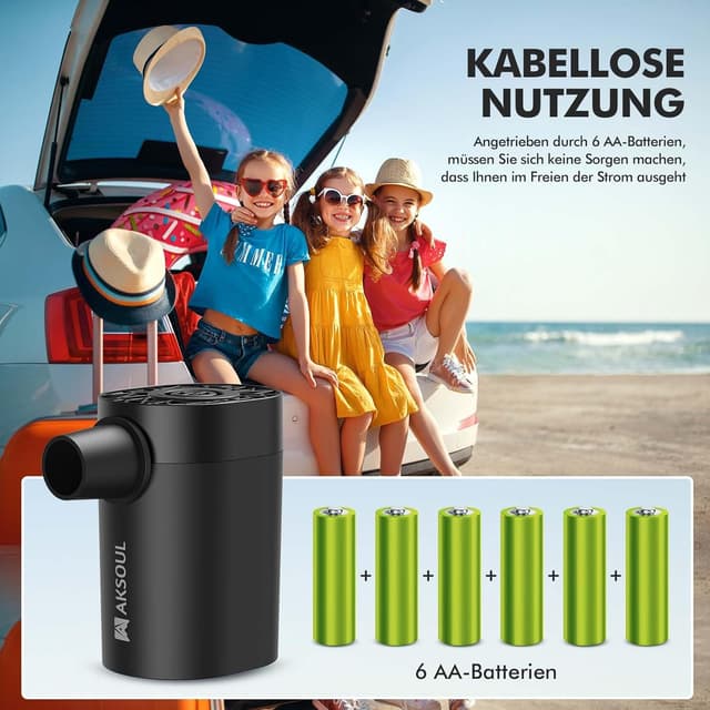 Detalle de AKSOUL Elektrische Akku-Luftpumpe für Luftmatratzen, 200 L/min und 4000 Pa, mit 4 Düsen (AA-Betrieb)