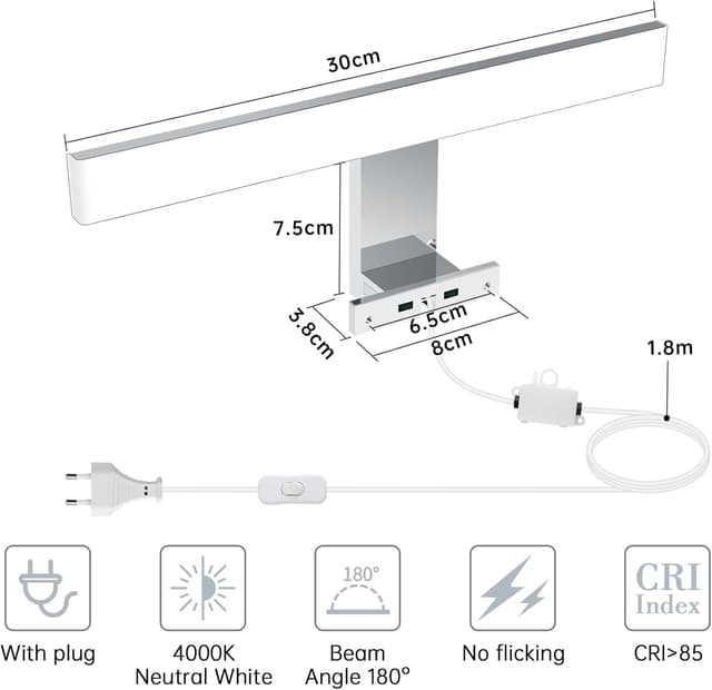 Detalle 2 de Azhien LED Badezimmer Spiegelleuchte 5W (Neutralweiß 4000K, 500 lm) mit Stecker – 30 cm, IP44