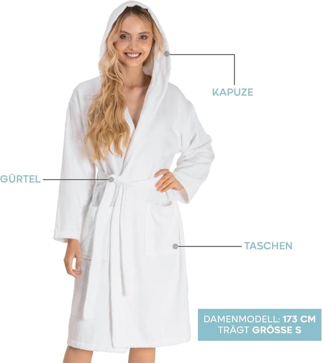 Detalle de Twinzen Damen-Bademantel mit Kapuze aus 100% Baumwolle (OEKO‑TEX®), XS–XL