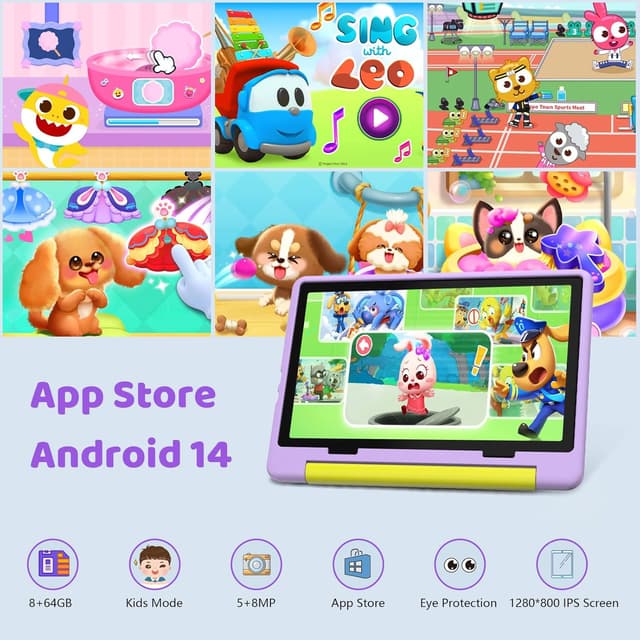 Detalle 2 de MUISOO 10 Inch Kids Tablet (Android 14) with Octa-Core, 8GB RAM, 64GB Storage, 1TB microSD support, dual cameras & parental controls (Purple)