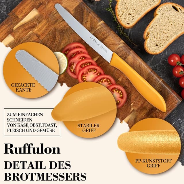 Detalle de Brotmesser-Set mit Wellenschliff (12-teilig) aus Edelstahl, 23 cm Tefalmesser – orange Messerset