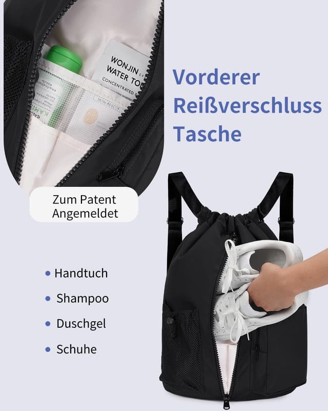 Detalle de WANDF Turnbeutel mit Schuhfach und Nassschutz – Sportbeutel mit Kordelzug, 24 Liter (Schwarz)
