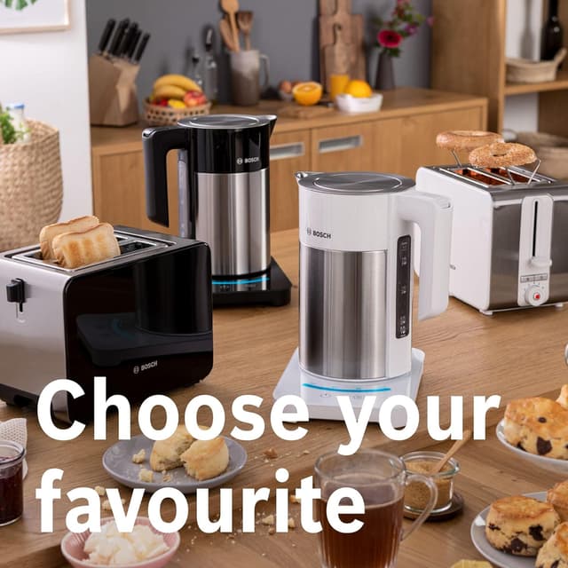 Detalle de Bosch Sky Compact TAT7203GB 2-Slot stainless steel toaster with 7 browning levels, defrost and bun warmer (Black)