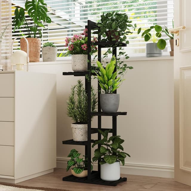 Detalle de Bamworld 5-Tier Bamboo Corner Plant Stand (Black) for Indoor Window Gardens & Balconies
