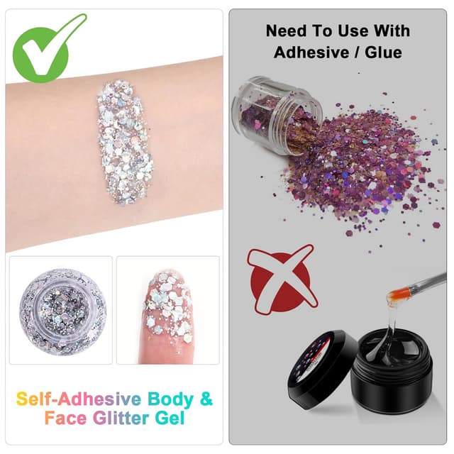 Detalle de URAQT Körper-Glitzer-Gel mit holografischen Meerjungfrau-Pailletten (klobig) – Festival-Party-Glitzer für Gesicht, Augen, Haare, Nägel & Make-up