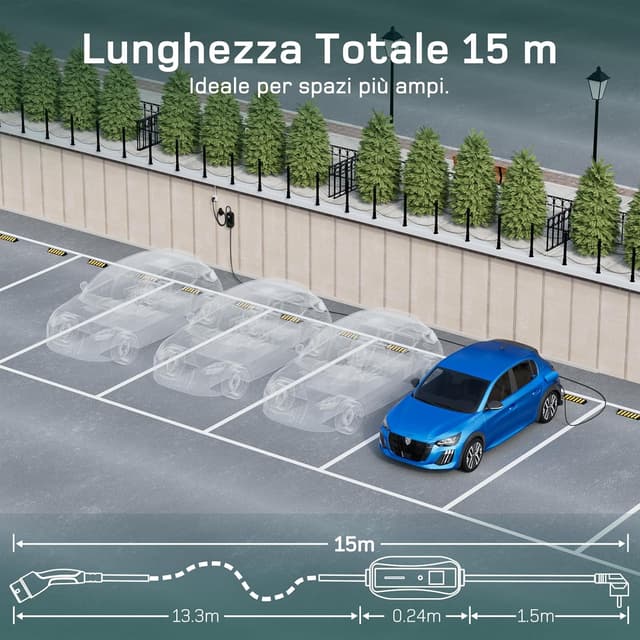 Detalle de dé Cavo ricarica auto elettrica Tipo 2 Schuko 15 m 6–16A (3,7 kW) con LCD e supporto