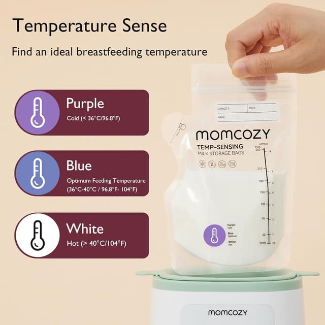 Detalle 2 de momcozy Easy Pour Breastmilk Storage Bags (250ml) with Temp-Sensing Colour Change, 120 Count