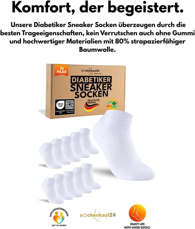 Detalle 2 de sockenkauf24 10 Paar Diabetiker Sneaker Socken ohne Gummibund & ohne Naht (Herren & Damen)