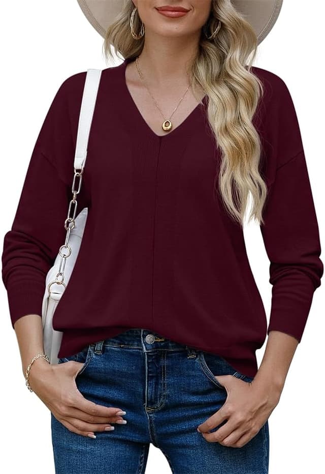 Detalle de PrinStory women’s V-neck knit jumper long sleeve top (solid colour)