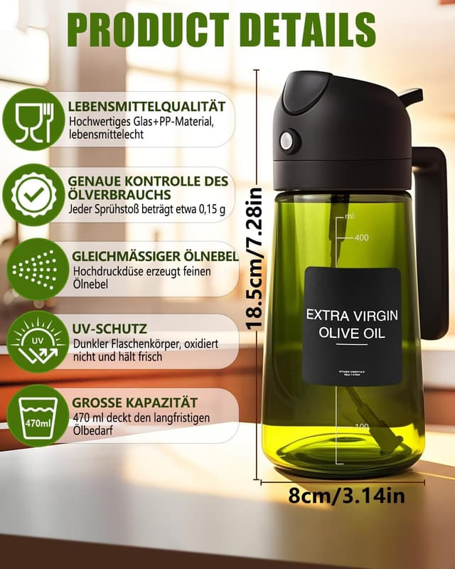 Detalle de MRUN BONE 2-in-1 Ölsprüher (470 ml) mit UV-Schutz – zum Sprühen oder Ausgießen von Speiseöl für Airfryer & Küche