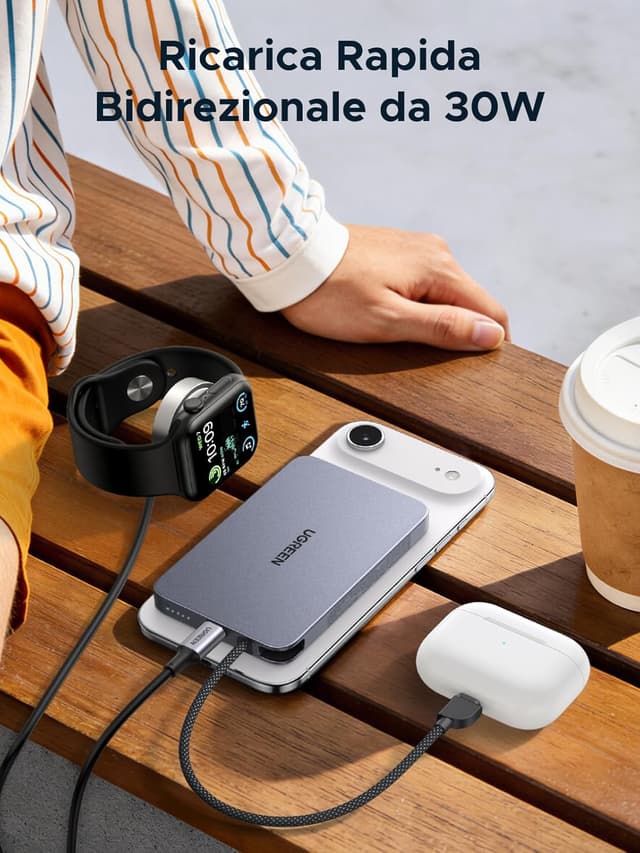 Detalle de UGREEN MagFlow Air Qi2 15W batteria esterna magnetica 10.000 mAh con MagSafe e USB-C PD 30W (MagFlow Air) — grigio
