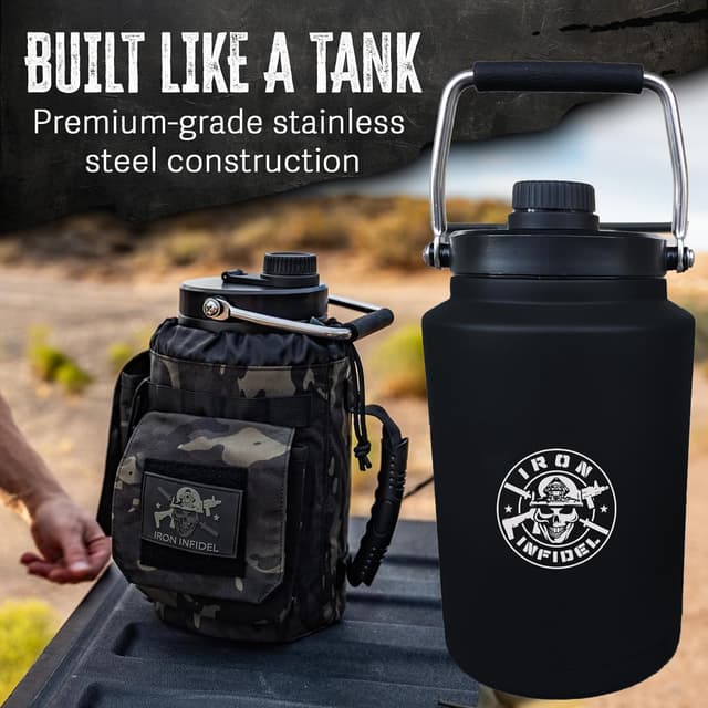 Detalle 2 de Iron Infidel Battle Bottle 128 oz Insulated Water Jug with Dual Handles and Rugged Sleeve (Black Camo)