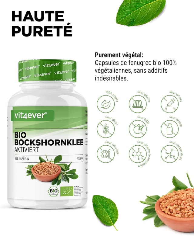 Detalle de Fenugrec Activé Bio – 365 capsules végétaliennes (650 mg/capsule) – Fenugreek certifié bio