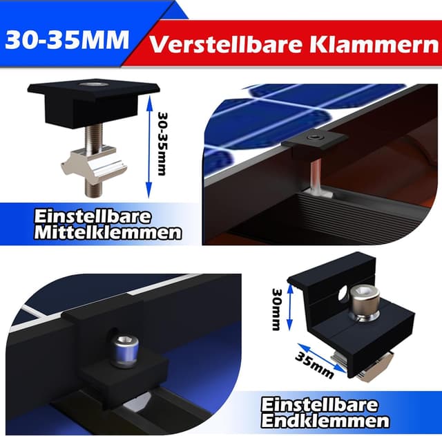 Detalle de Warmfay Solarmodul Halterung Montageset – schwarze 12 cm Aluprofile und verstellbare Klemmen für 1 Modul (30–35 mm) am Flachdach