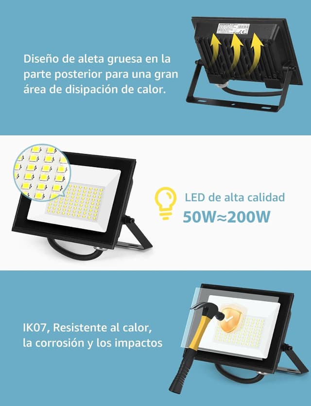 Detalle de Aigostar Faretto LED da esterno 50W 4500LM IP65 6500K bianco freddo (90 LED) con supporto regolabile fino a 180°