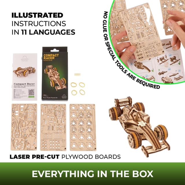 Detalle de UGEARS Compact Racer : puzzle 3D en bois à construire pour adultes, kit de modèle compact