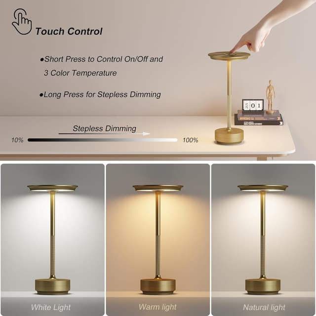 Detalle 2 de TBBGA 2-Pack Rechargeable Cordless Table Lamps (Gold) with Stepless Dimming & Memory