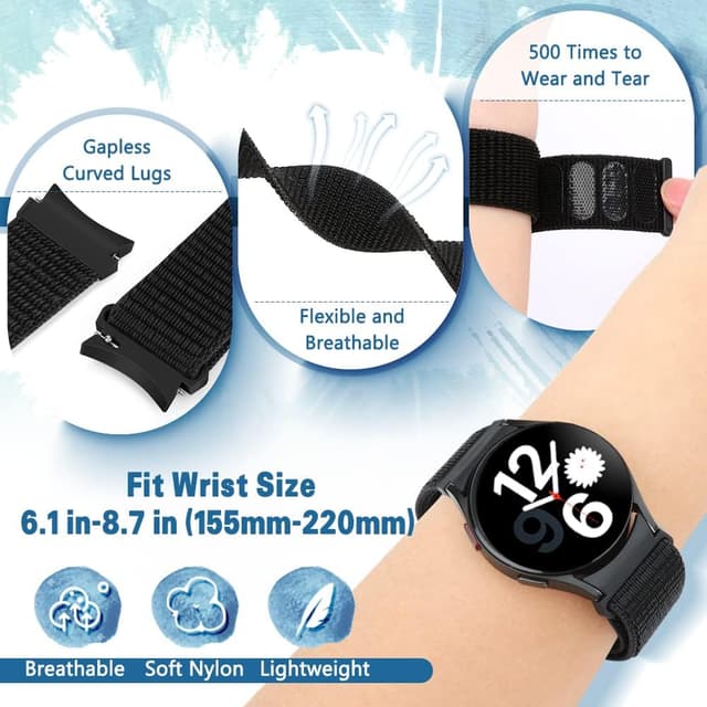 Detalle de Runostrich nylon sport watch strap for Samsung Galaxy Watch 7/6/5/4 (40–47mm) — soft sport loop replacement