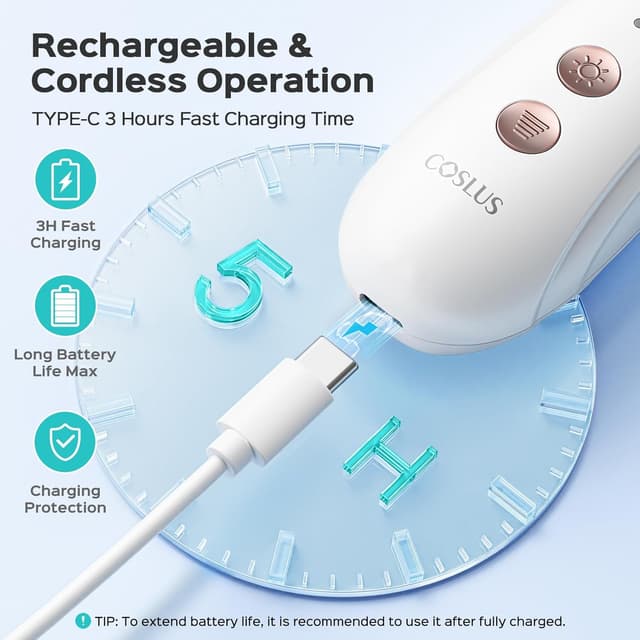 Detalle de COSLUS C43 Professional Manicure & Pedicure Kit (5-in-1) Cordless Electric Nail File for Thick Nails, 5 Speed, White