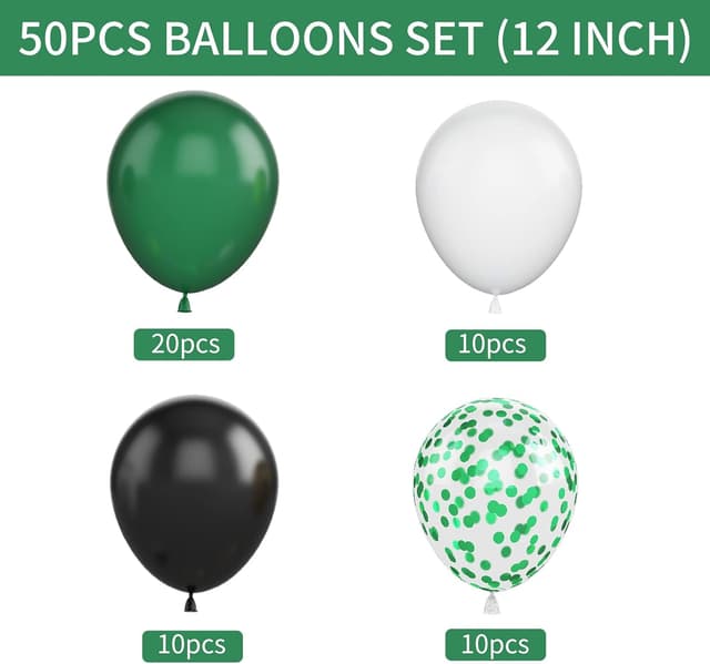 Detalle 2 de Green and Black Balloons 50-Piece Set (12 Inch) for Birthday, Game Day & Party Decor