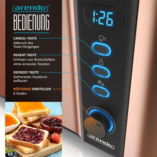 Detalle de Arendo Edelstahl-Langschlitztoaster für 4 Scheiben mit Defrost-Funktion und Restzeitanzeige (1500 W)