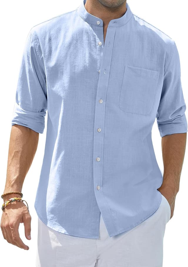 Thumbnail 6 de siliteelon Men’s Grandad Collar Long Sleeve Linen Shirt with Pocket (Regular Fit)