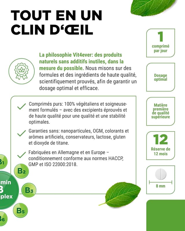 Detalle 2 de Vit4ever Complexe de Vitamines B (365 comprimés, vegan) – 1 comprimé/jour pour 12 mois