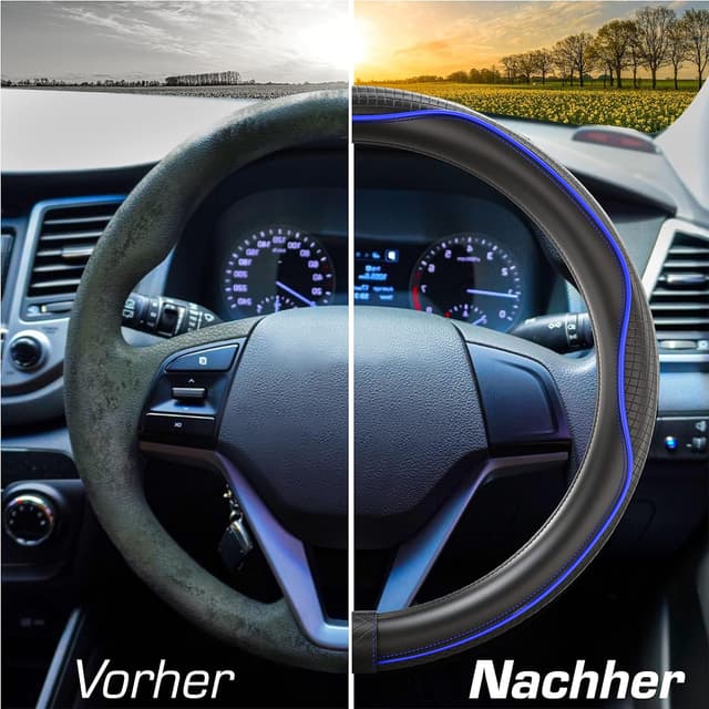 Detalle de Upgrade4cars Lenkradbezug Blau Schwarz (Leder-Optik) – universelle Lenkradhülle 37–38 cm